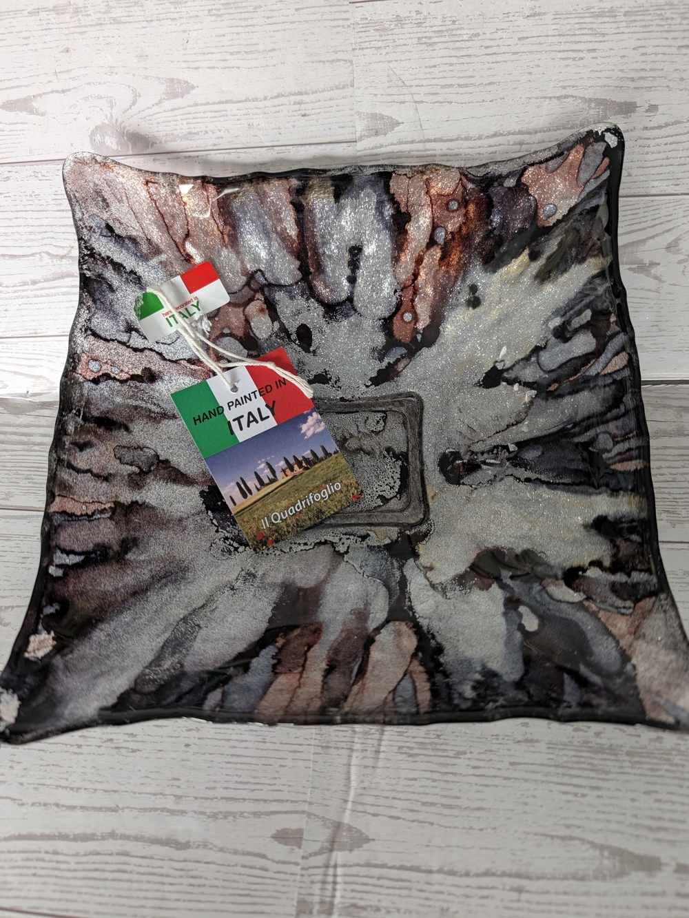 NWT Il Quadrifoglio Italian Glass Bowl Hand Painted Square Decorative Dish Metal